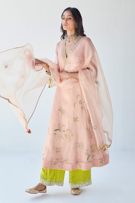 Buy_Rajiramniq_Green Cutdana, Sequin, Thread And Pearl, Placement Embroidered Kurta Palazzo Set _Online_at_Aza_Fashions