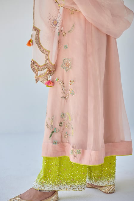Shop_Rajiramniq_Green Cutdana, Sequin, Thread And Pearl, Placement Embroidered Kurta Palazzo Set _Online_at_Aza_Fashions