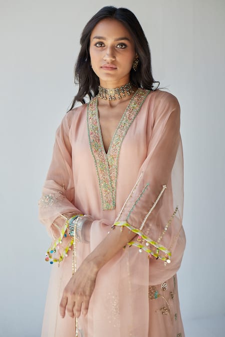Rajiramniq_Green Cutdana, Sequin, Thread And Pearl, Placement Embroidered Kurta Palazzo Set _at_Aza_Fashions