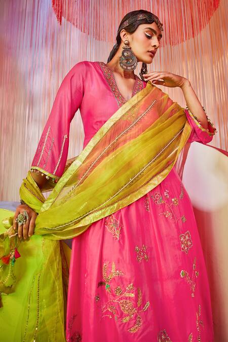 Rajiramniq Pink Silk Embroidery Sequin V Neck Anarkali Palazzo Set Online at Aza Fashions Rajiramniq_Pink Silk Embroidery Sequin V Neck Anarkali Palazzo Set _Online_at_Aza_Fashions