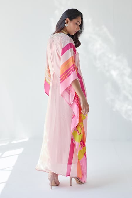 Shop Rajiramniq Pink Crepe Floral, Pearl, Sequin And Cutdana, Beads V Neck Print Kaftan at Aza Fashions Shop_Rajiramniq_Pink Crepe Floral, Pearl, Sequin And Cutdana, Beads V Neck Print Kaftan _at_Aza_Fashions