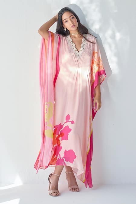 Rajiramniq Pink Crepe Floral, Pearl, Sequin And Cutdana, Beads V Neck Print Kaftan Online at Aza Fashions Rajiramniq_Pink Crepe Floral, Pearl, Sequin And Cutdana, Beads V Neck Print Kaftan _Online_at_Aza_Fashions