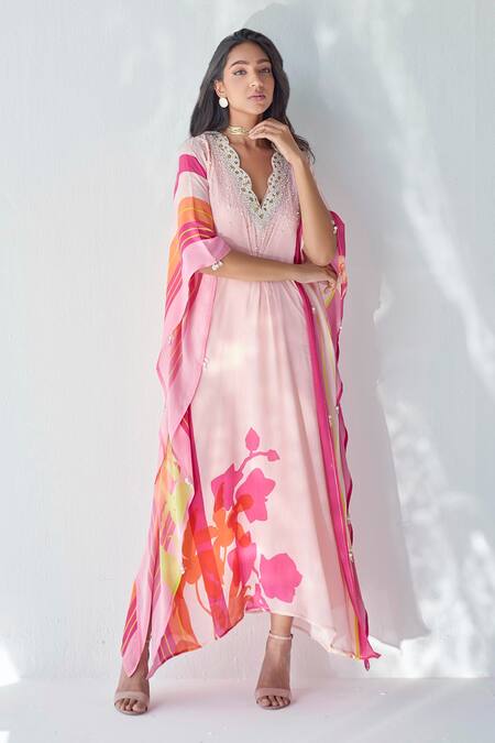Buy Rajiramniq Pink Crepe Floral, Pearl, Sequin And Cutdana, Beads V Neck Print Kaftan Online at Aza Fashions Buy_Rajiramniq_Pink Crepe Floral, Pearl, Sequin And Cutdana, Beads V Neck Print Kaftan _Online_at_Aza_Fashions