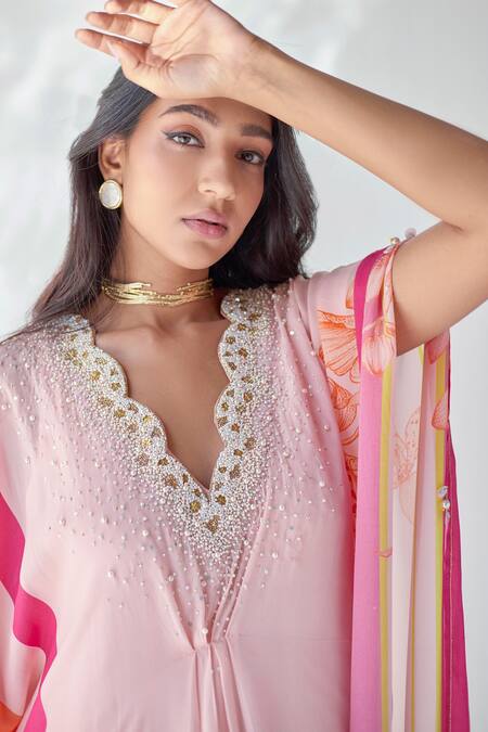 Shop Rajiramniq Pink Crepe Floral, Pearl, Sequin And Cutdana, Beads V Neck Print Kaftan Online at Aza Fashions Shop_Rajiramniq_Pink Crepe Floral, Pearl, Sequin And Cutdana, Beads V Neck Print Kaftan _Online_at_Aza_Fashions