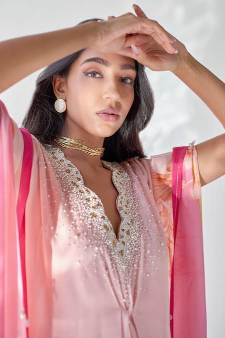 Rajiramniq Pink Crepe Floral, Pearl, Sequin And Cutdana, Beads V Neck Print Kaftan at Aza Fashions Rajiramniq_Pink Crepe Floral, Pearl, Sequin And Cutdana, Beads V Neck Print Kaftan _at_Aza_Fashions