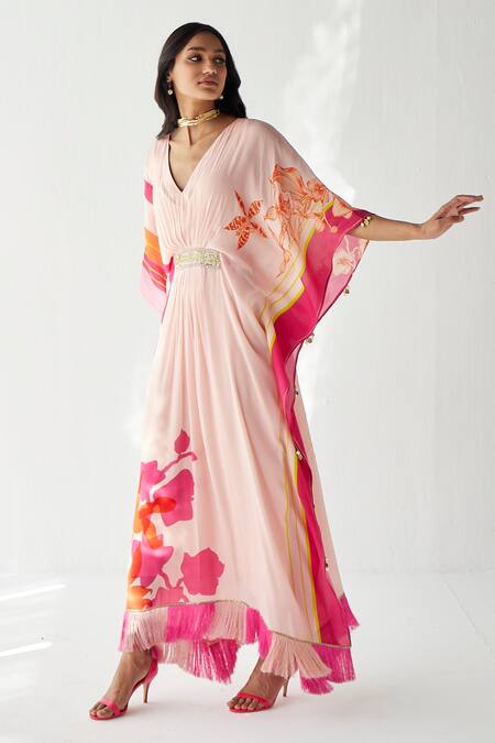 Rajiramniq_Pink Crepe Floral, Pearl, Sequin And Cutdana, Beads V Neck Print Kaftan _Online_at_Aza_Fashions