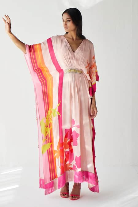 Buy_Rajiramniq_Pink Crepe Floral, Pearl, Sequin And Cutdana, Beads V Neck Print Kaftan _Online_at_Aza_Fashions