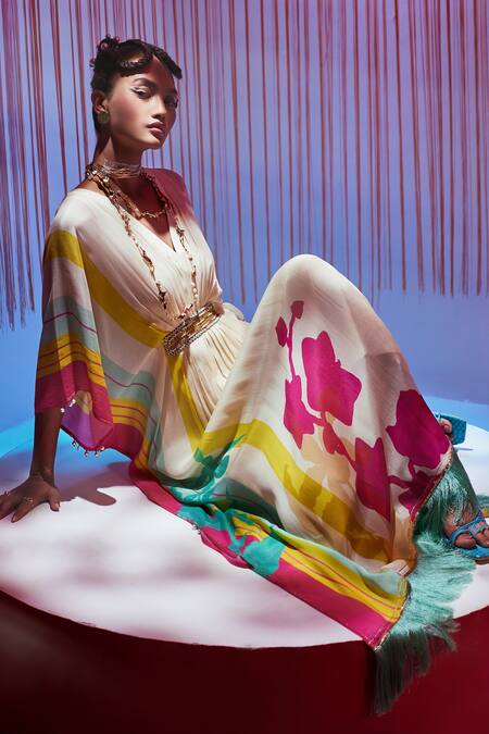 Rajiramniq_White Crepe Floral, Pearl, Sequin And Cutdana, Beads V Neck Print Kaftan _Online_at_Aza_Fashions