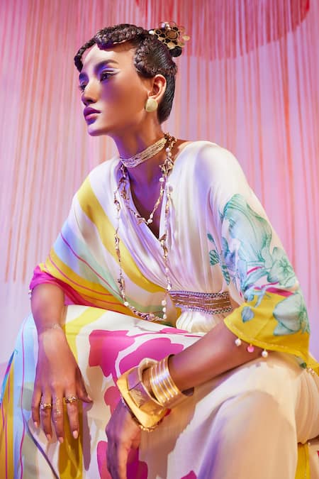 Buy_Rajiramniq_White Crepe Floral, Pearl, Sequin And Cutdana, Beads V Neck Print Kaftan _Online_at_Aza_Fashions