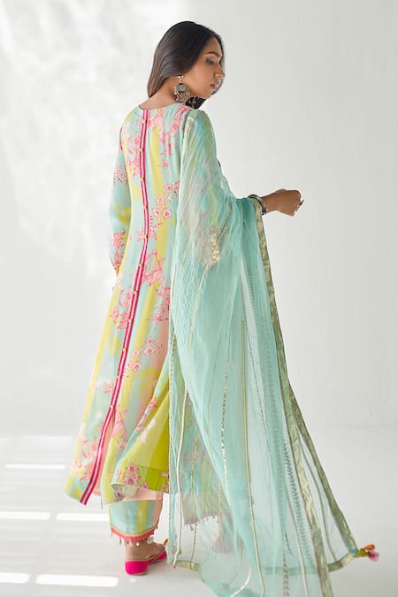 Rajiramniq Blue Crepe And Organza Floral, Pearl, Sequin & Cutdana, Print Kurta Palazzo Set Online at Aza Fashions Rajiramniq_Blue Crepe And Organza Floral, Pearl, Sequin & Cutdana, Print Kurta Palazzo Set _Online_at_Aza_Fashions