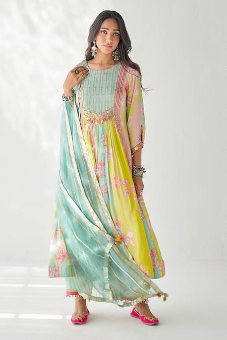 Buy Rajiramniq Blue Crepe And Organza Floral, Pearl, Sequin & Cutdana, Print Kurta Palazzo Set Online at Aza Fashions Buy_Rajiramniq_Blue Crepe And Organza Floral, Pearl, Sequin & Cutdana, Print Kurta Palazzo Set _Online_at_Aza_Fashions