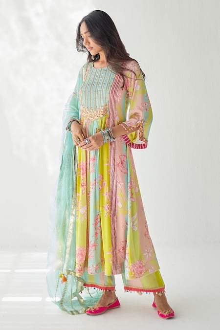 Shop Rajiramniq Blue Crepe And Organza Floral, Pearl, Sequin & Cutdana, Print Kurta Palazzo Set Online at Aza Fashions Shop_Rajiramniq_Blue Crepe And Organza Floral, Pearl, Sequin & Cutdana, Print Kurta Palazzo Set _Online_at_Aza_Fashions