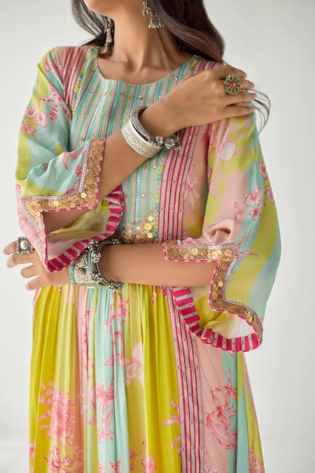 Rajiramniq Blue Crepe And Organza Floral, Pearl, Sequin & Cutdana, Print Kurta Palazzo Set at Aza Fashions Rajiramniq_Blue Crepe And Organza Floral, Pearl, Sequin & Cutdana, Print Kurta Palazzo Set _at_Aza_Fashions