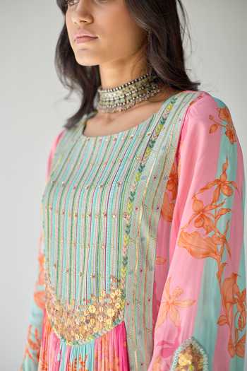 Rajiramniq_Pink Crepe, Modal Satin And Organza Floral, Pearl, Sequin Print Kurta Palazzo Set _at_Aza_Fashions