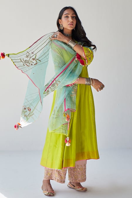Rajiramniq_Green Silk, Modal Satin And Organza Cutdana, Sequin, Thread & Kurta Palazzo Set _Online_at_Aza_Fashions