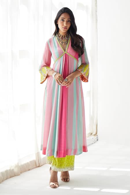 Rajiramniq Striped A-line Kurta Palazzo Set 