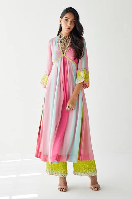 Shop Rajiramniq Pink Crepe Print And Embroidery Stripes V Neck A-line Kurta Palazzo Set at Aza Fashions Shop_Rajiramniq_Pink Crepe Print And Embroidery Stripes V Neck A-line Kurta Palazzo Set _at_Aza_Fashions