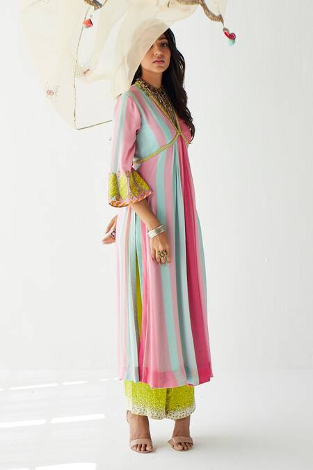 Rajiramniq Pink Crepe Print And Embroidery Stripes V Neck A-line Kurta Palazzo Set Online at Aza Fashions Rajiramniq_Pink Crepe Print And Embroidery Stripes V Neck A-line Kurta Palazzo Set _Online_at_Aza_Fashions