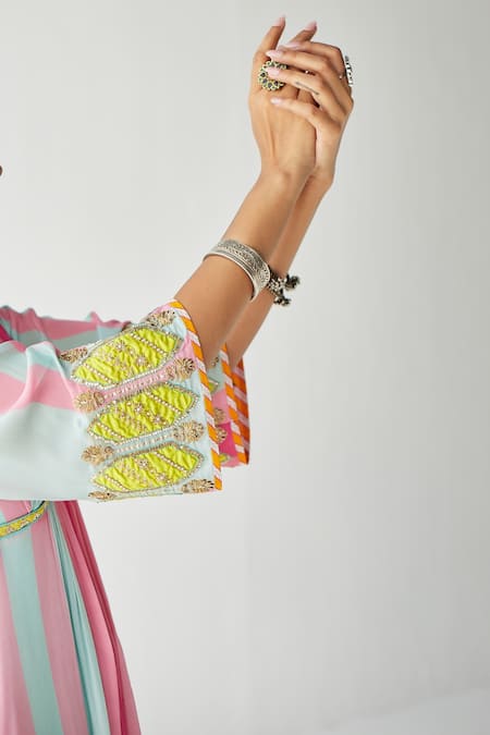 Shop Rajiramniq Pink Crepe Print And Embroidery Stripes V Neck A-line Kurta Palazzo Set Online at Aza Fashions Shop_Rajiramniq_Pink Crepe Print And Embroidery Stripes V Neck A-line Kurta Palazzo Set _Online_at_Aza_Fashions