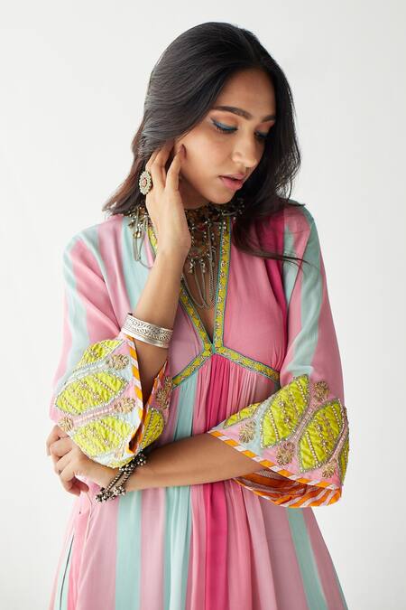 Rajiramniq Pink Crepe Print And Embroidery Stripes V Neck A-line Kurta Palazzo Set at Aza Fashions Rajiramniq_Pink Crepe Print And Embroidery Stripes V Neck A-line Kurta Palazzo Set _at_Aza_Fashions
