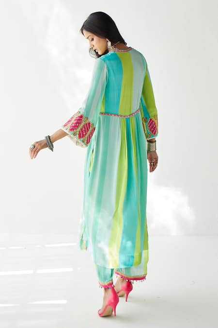 Shop Rajiramniq Green Crepe And Organza Sequin & Thread, Beads, Stripes V A-line Kurta Palazzo Set at Aza Fashions Shop_Rajiramniq_Green Crepe And Organza Sequin & Thread, Beads, Stripes V A-line Kurta Palazzo Set _at_Aza_Fashions