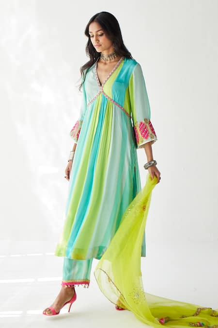 Buy Rajiramniq Green Crepe And Organza Sequin & Thread, Beads, Stripes V A-line Kurta Palazzo Set Online at Aza Fashions Buy_Rajiramniq_Green Crepe And Organza Sequin & Thread, Beads, Stripes V A-line Kurta Palazzo Set _Online_at_Aza_Fashions
