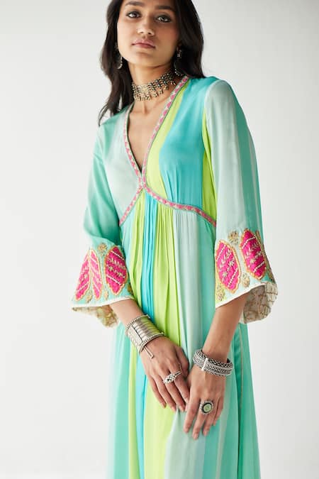 Shop Rajiramniq Green Crepe And Organza Sequin & Thread, Beads, Stripes V A-line Kurta Palazzo Set Online at Aza Fashions Shop_Rajiramniq_Green Crepe And Organza Sequin & Thread, Beads, Stripes V A-line Kurta Palazzo Set _Online_at_Aza_Fashions