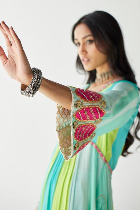 Rajiramniq Green Crepe And Organza Sequin & Thread, Beads, Stripes V A-line Kurta Palazzo Set at Aza Fashions Rajiramniq_Green Crepe And Organza Sequin & Thread, Beads, Stripes V A-line Kurta Palazzo Set _at_Aza_Fashions