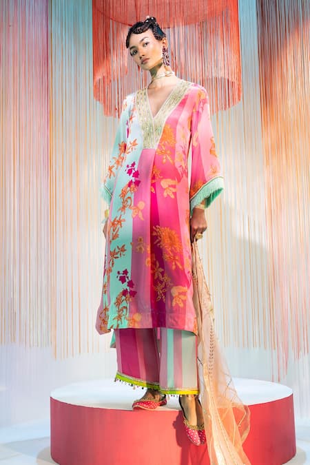 Rajiramniq Pink Crepe And Organza & Embroidery Floral V Flared Kurta Palazzo Set 