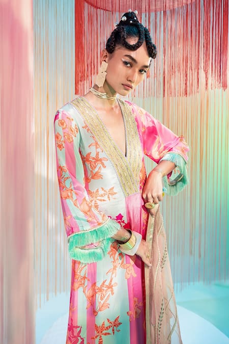 Shop Rajiramniq Pink Crepe And Organza & Embroidery Floral V Flared Kurta Palazzo Set at Aza Fashions Shop_Rajiramniq_Pink Crepe And Organza & Embroidery Floral V Flared Kurta Palazzo Set _at_Aza_Fashions