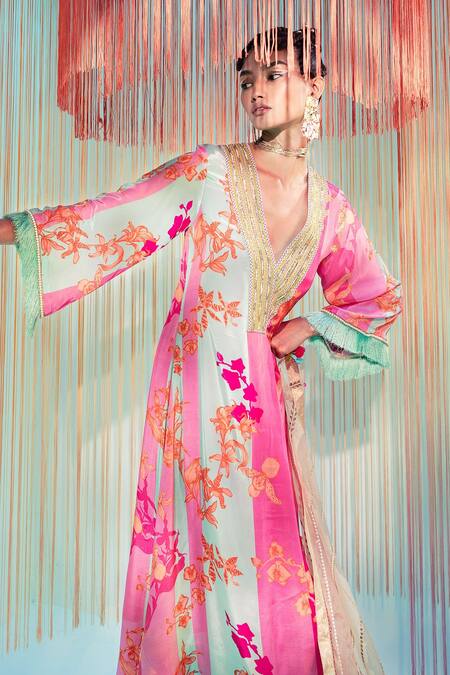 Rajiramniq Pink Crepe And Organza & Embroidery Floral V Flared Kurta Palazzo Set Online at Aza Fashions Rajiramniq_Pink Crepe And Organza & Embroidery Floral V Flared Kurta Palazzo Set _Online_at_Aza_Fashions