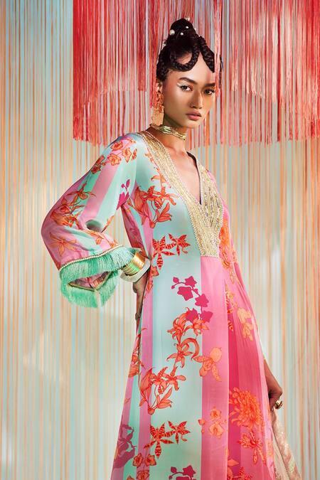 Buy Rajiramniq Pink Crepe And Organza & Embroidery Floral V Flared Kurta Palazzo Set Online at Aza Fashions Buy_Rajiramniq_Pink Crepe And Organza & Embroidery Floral V Flared Kurta Palazzo Set _Online_at_Aza_Fashions