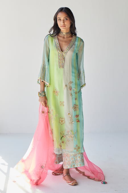 Rajiramniq Placement Embroidered Kurta Palazzo Set 