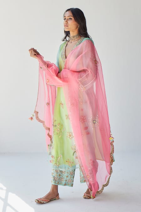 Rajiramniq_Blue Crepe, Modal Satin And Organza Gota Placement Embroidered Kurta Palazzo Set _Online_at_Aza_Fashions