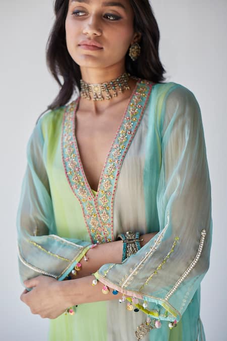 Buy_Rajiramniq_Blue Crepe, Modal Satin And Organza Gota Placement Embroidered Kurta Palazzo Set _Online_at_Aza_Fashions