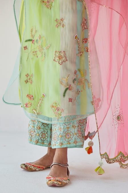 Shop_Rajiramniq_Blue Crepe, Modal Satin And Organza Gota Placement Embroidered Kurta Palazzo Set _Online_at_Aza_Fashions