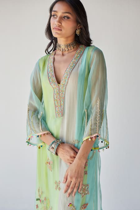 Rajiramniq_Blue Crepe, Modal Satin And Organza Gota Placement Embroidered Kurta Palazzo Set _at_Aza_Fashions