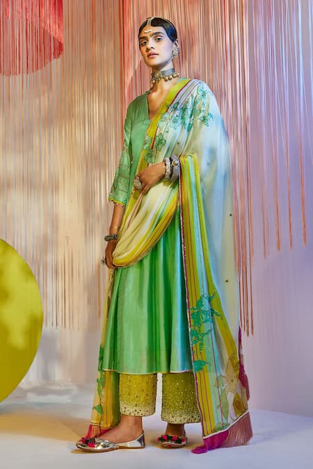 Rajiramniq Green Silk Embroidery Beads V Neck Placement Kurta Palazzo Set 