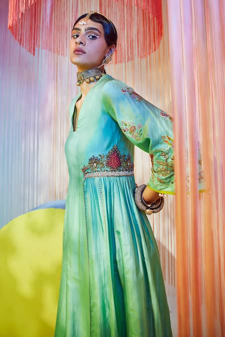 Shop Rajiramniq Green Silk Embroidery Beads V Neck Placement Kurta Palazzo Set at Aza Fashions Shop_Rajiramniq_Green Silk Embroidery Beads V Neck Placement Kurta Palazzo Set _at_Aza_Fashions
