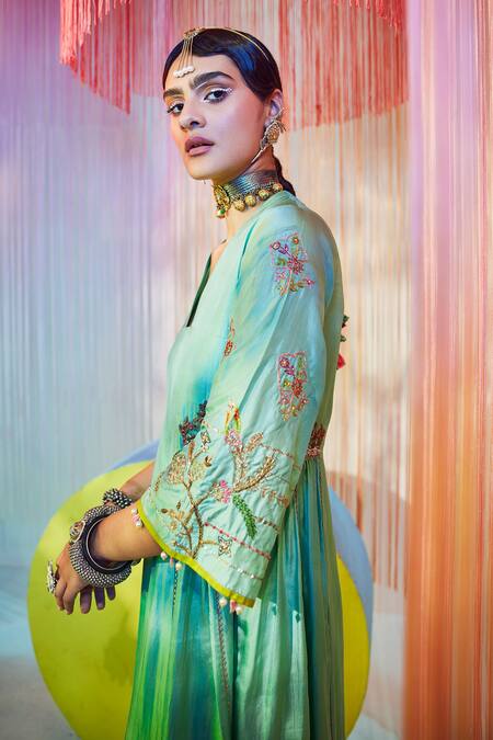 Rajiramniq Green Silk Embroidery Beads V Neck Placement Kurta Palazzo Set Online at Aza Fashions Rajiramniq_Green Silk Embroidery Beads V Neck Placement Kurta Palazzo Set _Online_at_Aza_Fashions