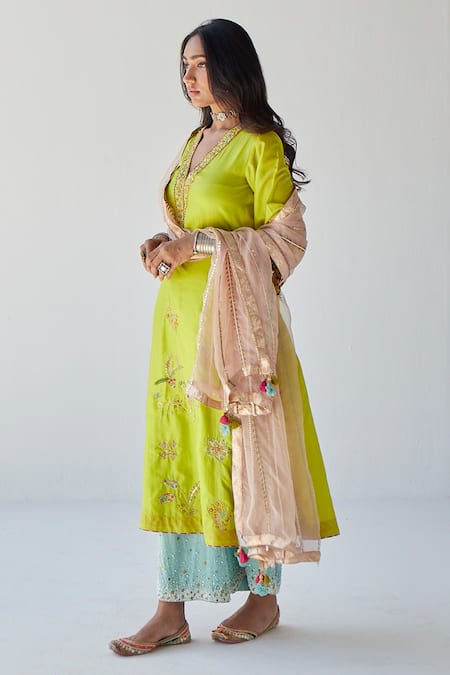 Shop Rajiramniq Blue Silk Embroidery Beads V Neck Placement A-line Kurta Set at Aza Fashions Shop_Rajiramniq_Blue Silk Embroidery Beads V Neck Placement A-line Kurta Set _at_Aza_Fashions