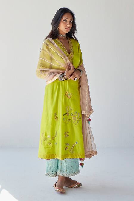 Rajiramniq Blue Silk Embroidery Beads V Neck Placement A-line Kurta Set Online at Aza Fashions Rajiramniq_Blue Silk Embroidery Beads V Neck Placement A-line Kurta Set _Online_at_Aza_Fashions