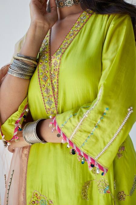 Shop Rajiramniq Blue Silk Embroidery Beads V Neck Placement A-line Kurta Set Online at Aza Fashions Shop_Rajiramniq_Blue Silk Embroidery Beads V Neck Placement A-line Kurta Set _Online_at_Aza_Fashions