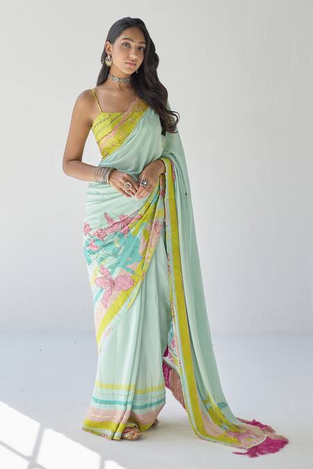 Shop Rajiramniq Blue Crepe And Embroidery Floral Saree Online at Aza Fashions Shop_Rajiramniq_Blue Crepe And Embroidery Floral Saree _Online_at_Aza_Fashions