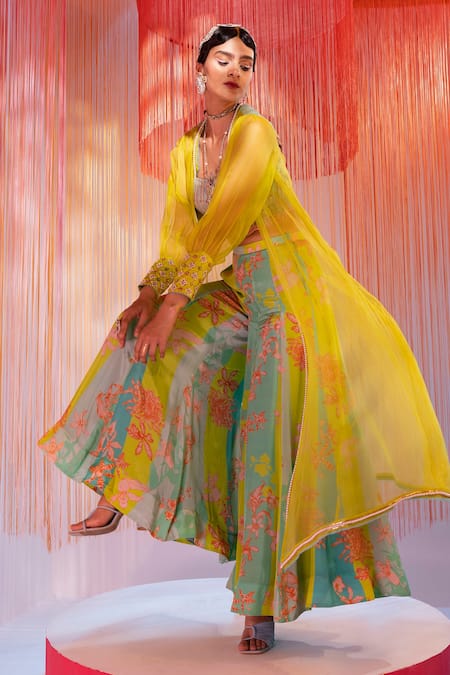 Shop Rajiramniq Green Crepe And Organza Print & Embroidery Puff Sleeves Jacket & Sharara Set at Aza Fashions Shop_Rajiramniq_Green Crepe And Organza Print & Embroidery Puff Sleeves Jacket & Sharara Set _at_Aza_Fashions