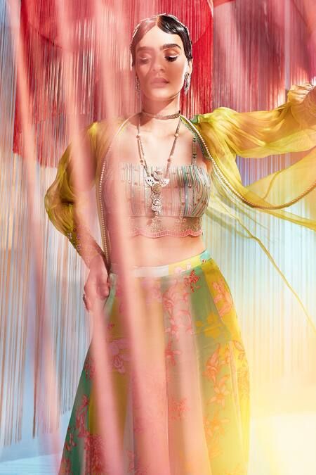 Rajiramniq Green Crepe And Organza Print & Embroidery Puff Sleeves Jacket & Sharara Set Online at Aza Fashions Rajiramniq_Green Crepe And Organza Print & Embroidery Puff Sleeves Jacket & Sharara Set _Online_at_Aza_Fashions