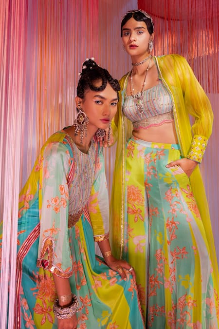 Buy Rajiramniq Green Crepe And Organza Print & Embroidery Puff Sleeves Jacket & Sharara Set Online at Aza Fashions Buy_Rajiramniq_Green Crepe And Organza Print & Embroidery Puff Sleeves Jacket & Sharara Set _Online_at_Aza_Fashions