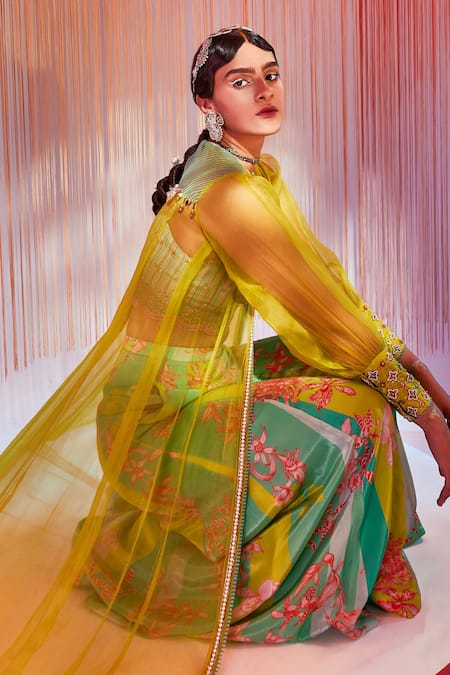 Shop Rajiramniq Green Crepe And Organza Print & Embroidery Puff Sleeves Jacket & Sharara Set Online at Aza Fashions Shop_Rajiramniq_Green Crepe And Organza Print & Embroidery Puff Sleeves Jacket & Sharara Set _Online_at_Aza_Fashions