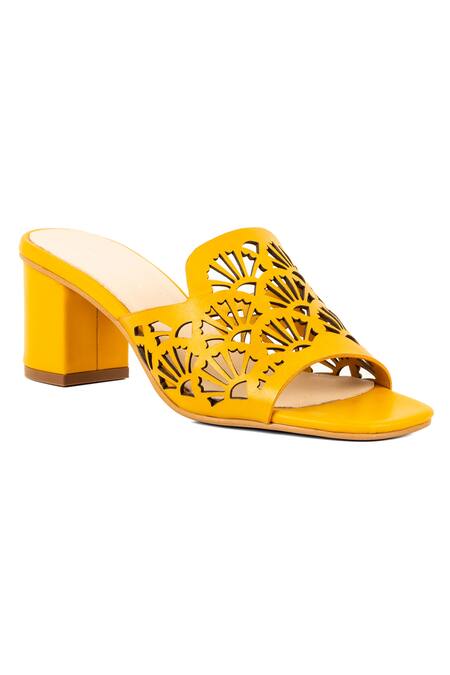 Buy_Vanilla Moon_Yellow Dallas Laser Cut Block Heels_Online_at_Aza_Fashions