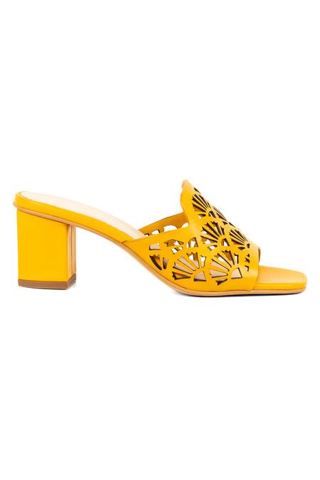 Shop_Vanilla Moon_Yellow Dallas Laser Cut Block Heels_Online_at_Aza_Fashions